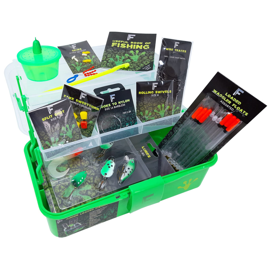 FLADEN Angelkasten für Kinder, mit Flussgeladen, 2 Fächern, 28 cm x 17 cm x 13 cm, Grün, Grün