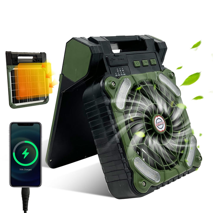 GY Solar Camping Ventilator mit LED-Licht & 10400mAh Akku – 4 in 1 Tragbarer Tischventilator, 4 Gesc
