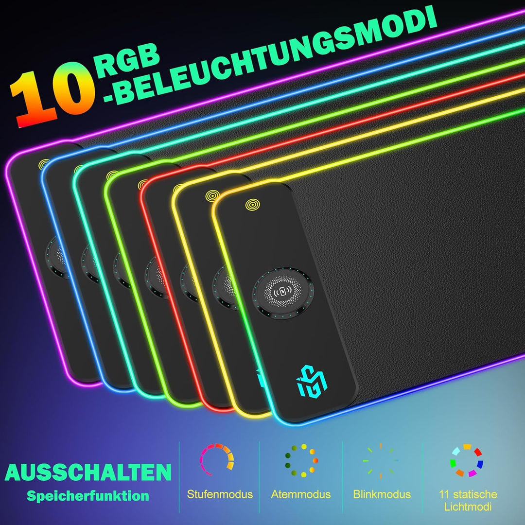 GIM PU-Leder kabelloses Ladekissen RGB Gaming Mauspad 15W, LED Mausmatte 800x300x4MM, 10 Lichtmodi e