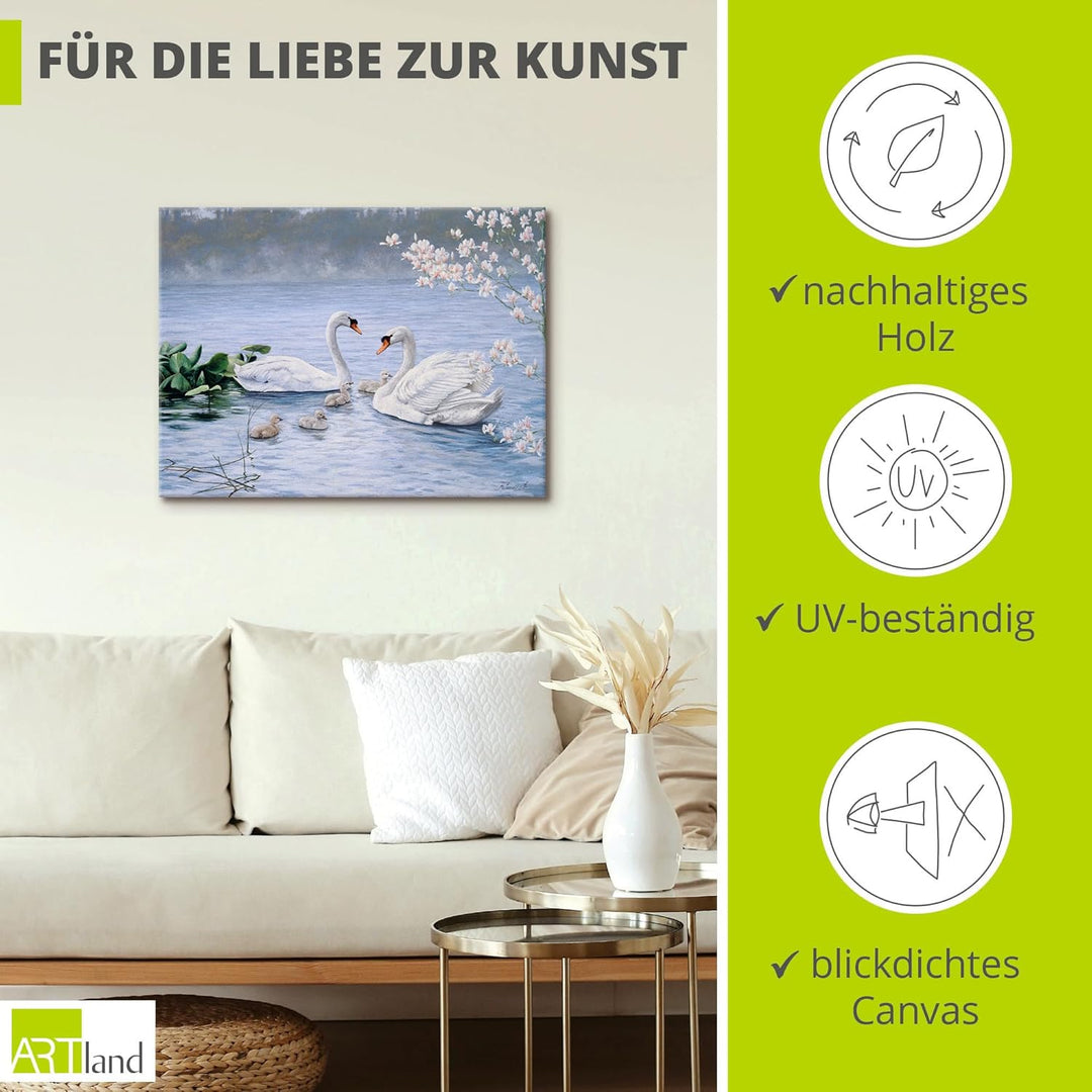 ARTland Leinwandbilder Wandbild Bild auf Leinwand 60x45 cm Wanddeko Schwan Tiere Vögel Schwanfamilie