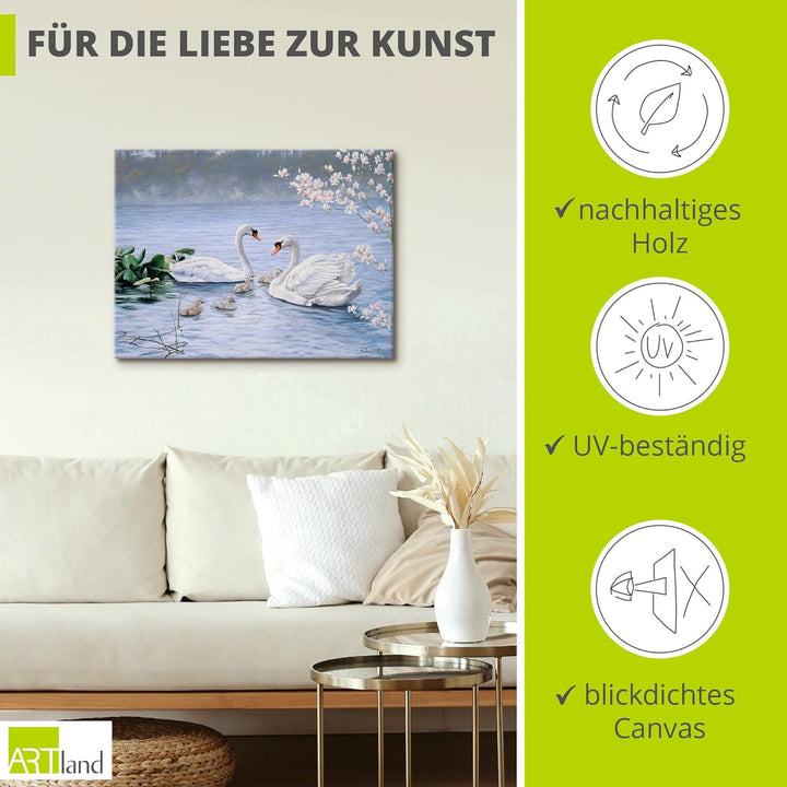 ARTland Leinwandbilder Wandbild Bild auf Leinwand 60x45 cm Wanddeko Schwan Tiere Vögel Schwanfamilie