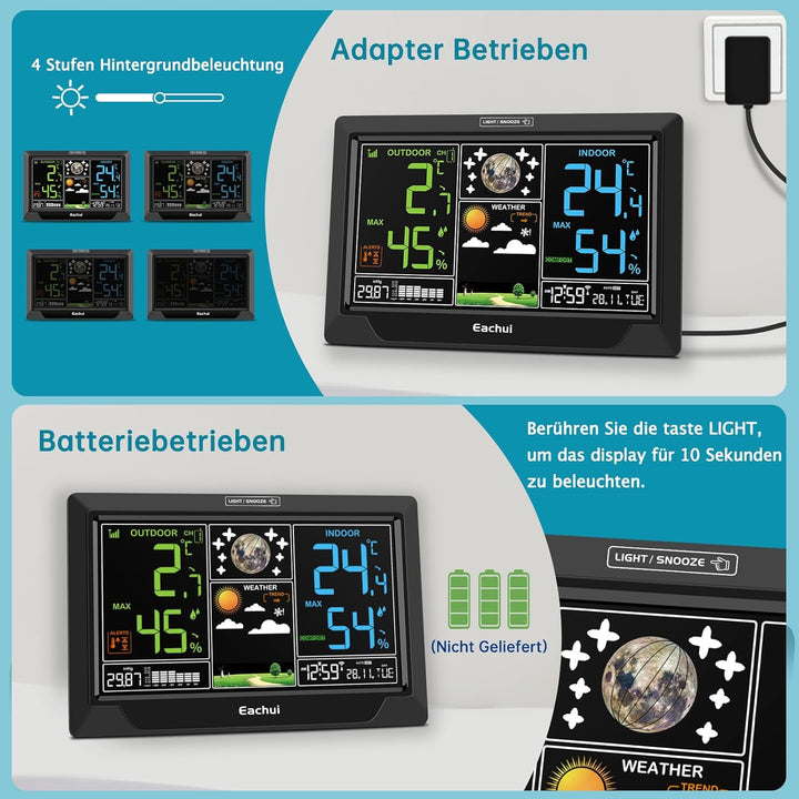 Eachui Wetterstation Funk mit Aussensensor Grosses Farbdisplay Funkwetterstation mit Wettervorhersag