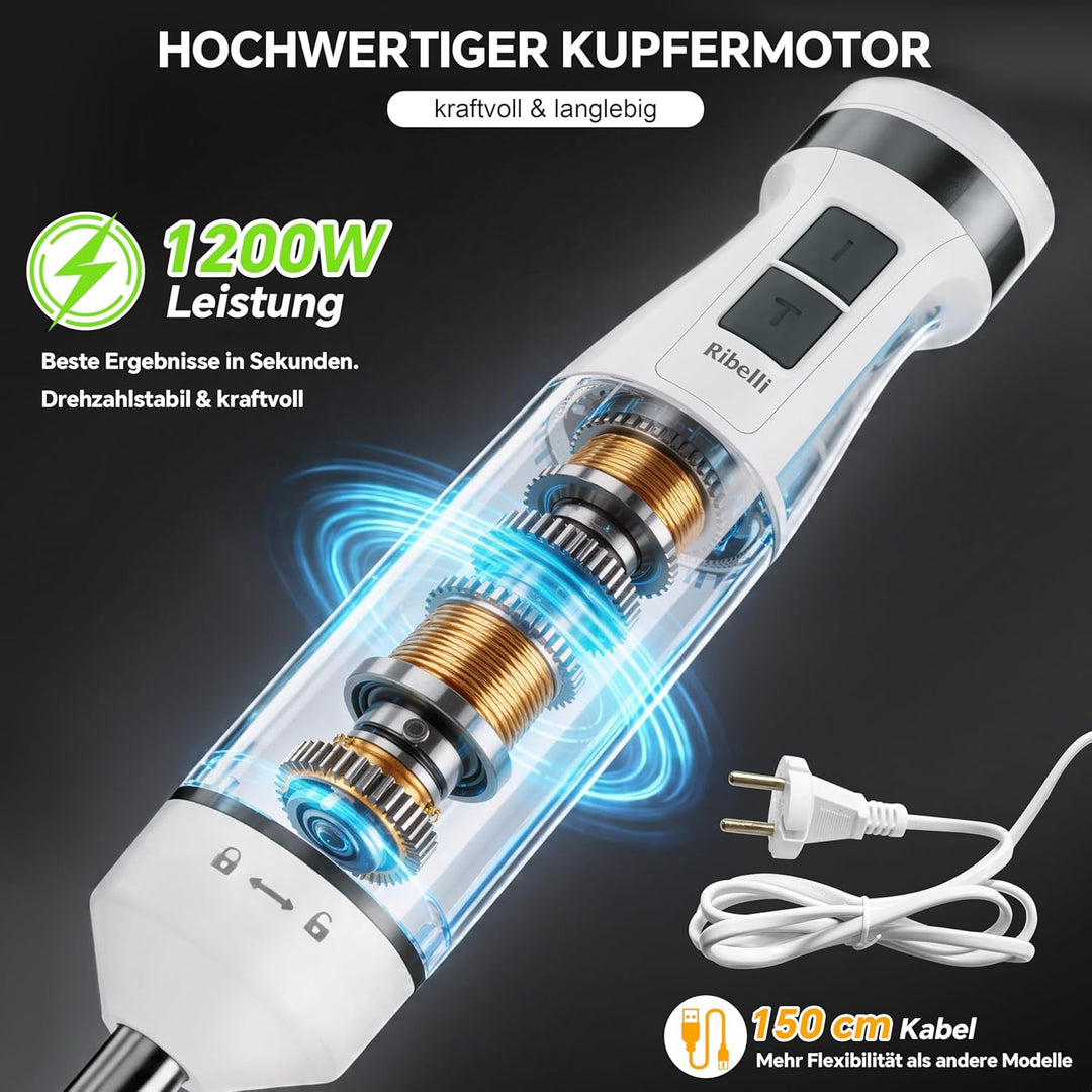 Ribelli Elektrischer Stabmixer Set 1200 W, 5-in-1 Pürierstab, Hand Blender mit 20 Geschwindigkeitsst