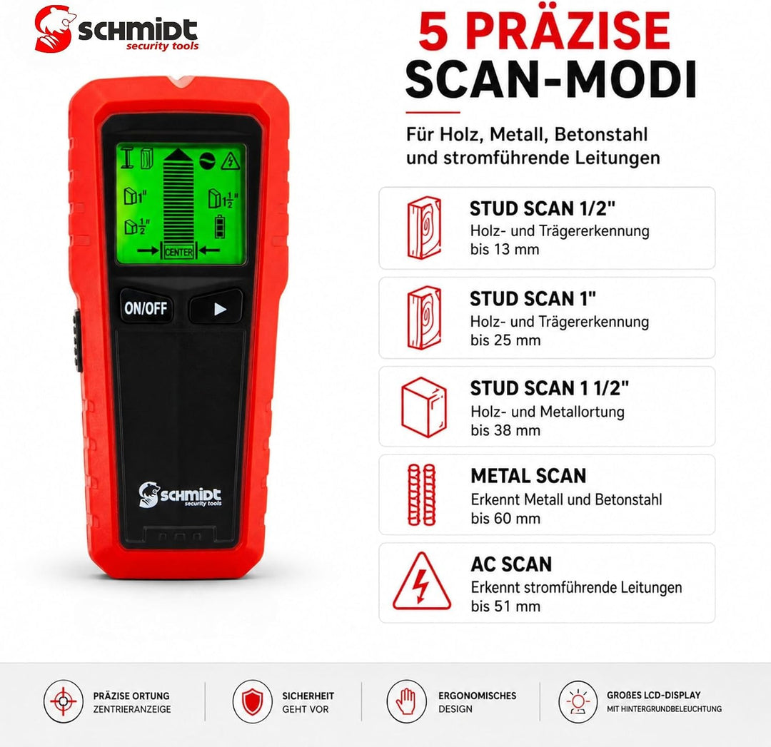 SCHMIDT security tools Ortungsgerät CF-13 Wandscanner Multidetektor Balkensucher Digital Leitungssuc