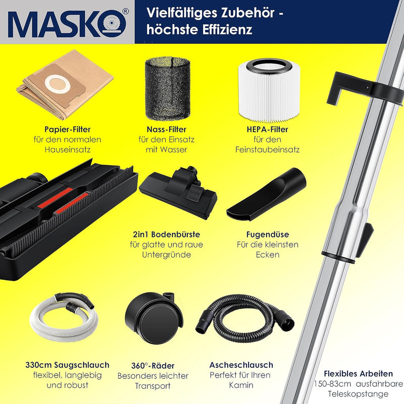 Masko® 6IN1 Industriestaubsauger Staubsauger Nass Trocken Sauger Aschesauger 2300W + Steckdose✓ Blas