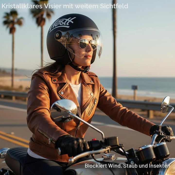 Westt Jethelm mit Visier ECE 22.06 – Leichter Motorradhelm für Damen und Herren – Roller Helm Mopedh