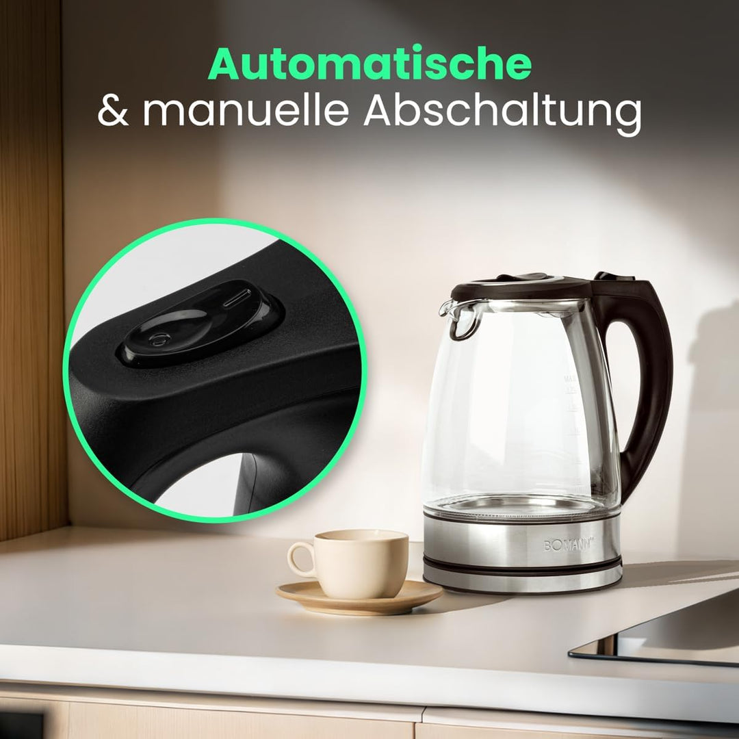Bomann® Wasserkocher Edelstahl 1,7 Liter | BPA frei | Glaswasserkocher | 2200W | Sicherheitsglas | W