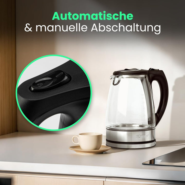 Bomann® Wasserkocher Edelstahl 1,7 Liter | BPA frei | Glaswasserkocher | 2200W | Sicherheitsglas | W