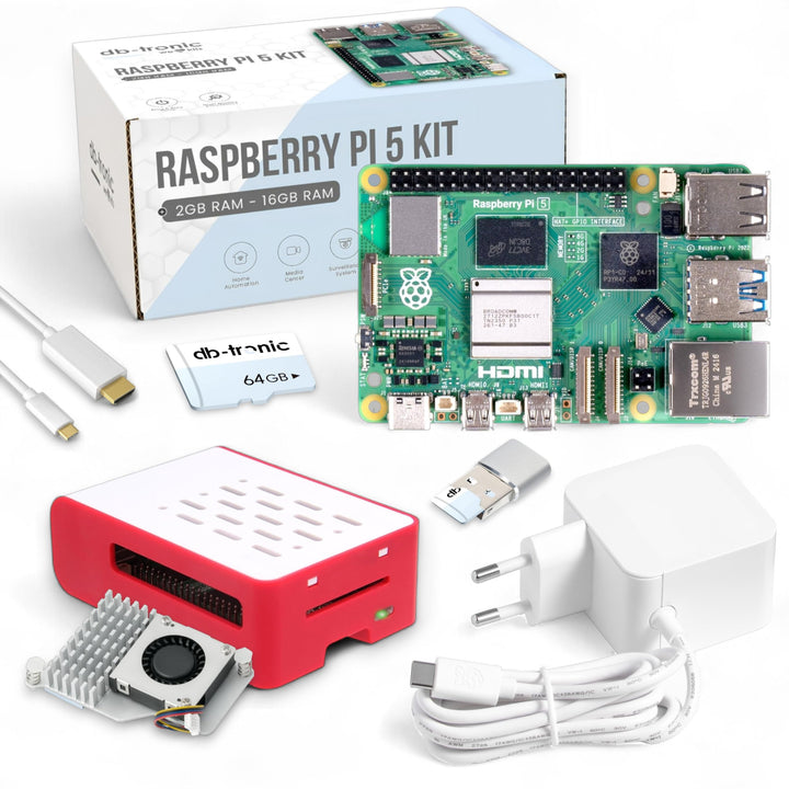 Raspberry Pi 5 2GB Cooler-Kit | 64GB Edition | Offizielles Netzteil 27W | Airflow Gehäuse | Active C