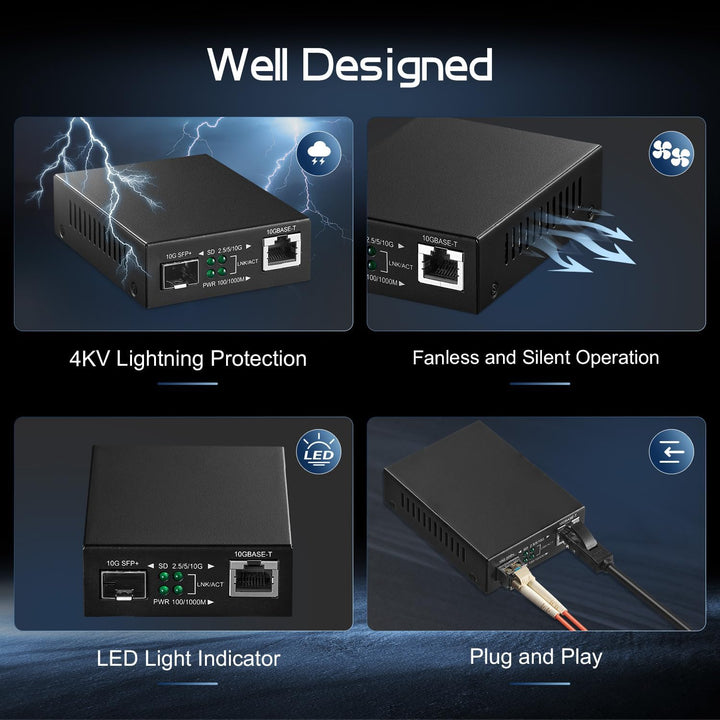 Binardat 10G Fiber Media Coverter, 2 Port 10 Gigabit Ethernet Switch, 1 x 10G RJ45 Port, 1 x 10G SFP
