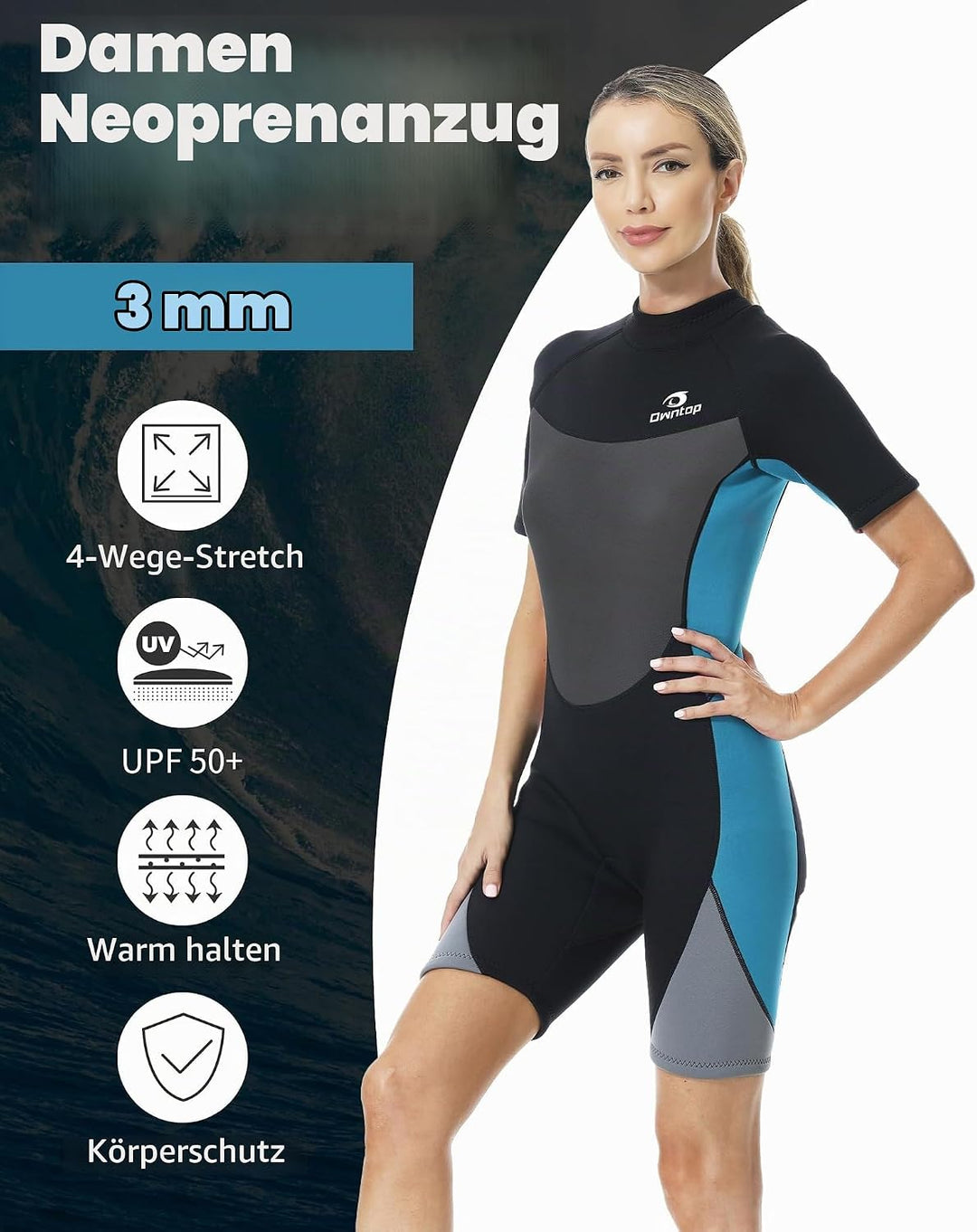 Owntop Neoprenanzug kurz Herren &amp; Damen, 3/2 mm Neopren Wetsuit für Tauchen, Surfen, Schwimmen und K