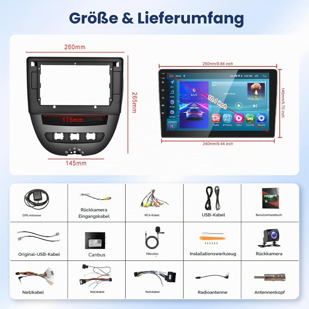 Podofo Carplay Autoradio für Peugeot 107/Citroen C1/Toyota Aygo, 10.1“ Touchscreen Autoradio 2G+64G