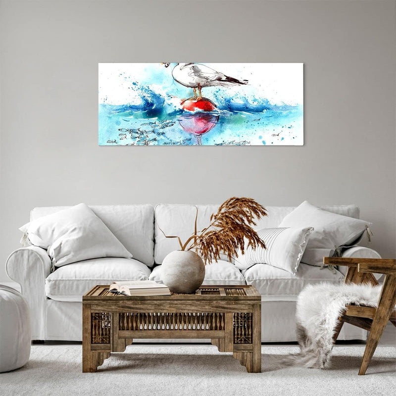 Panorama Bilder auf Leinwand 100x40cm Leinwandbild Wasser Fische Möwe hungrig Gross Wanddeko Bild Sc