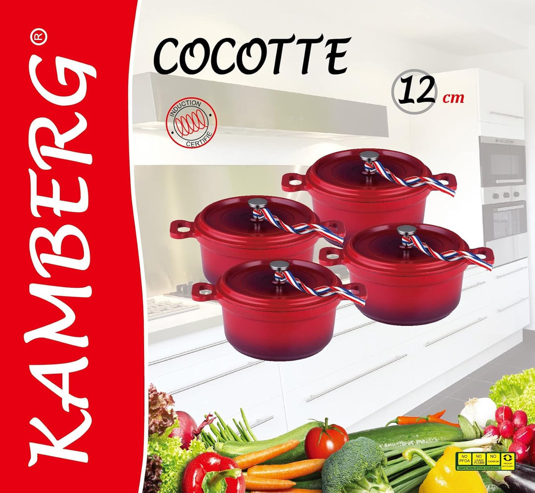 Kamberg – 0008192 – Set aus 4 Minischmortöpfen mit 12 cm Durchmesser, rund, rot geflammt – Aluminium