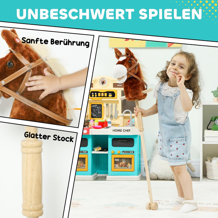 AIYAPLAY Hobby Horse Steckenpferd mit Sound, Griffe, Rolle, Holzstock, Hobby Horsing aus Polyester m