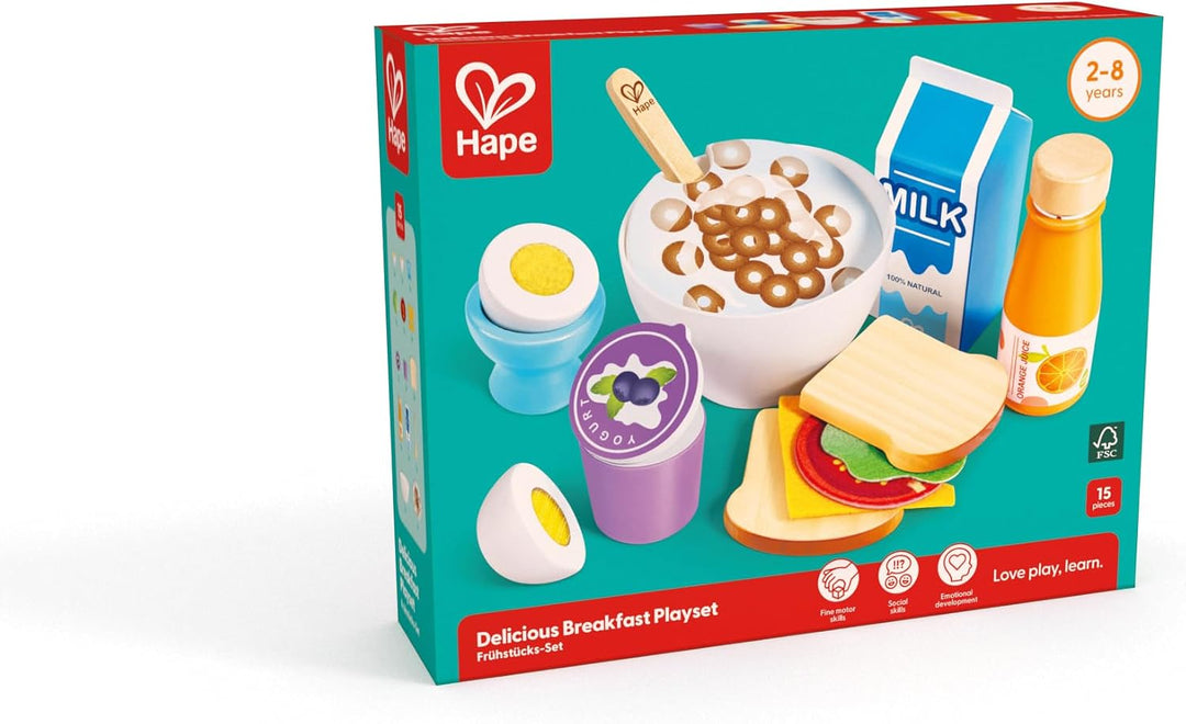 Hape Frühstücks-Set - Küchen-Fantasiespiel mit Frühstückszubehör, Holz Lebensmittel Spielzeug für Ki