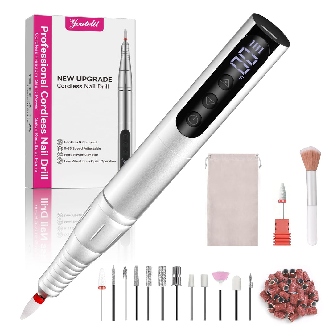 Nagelfräser Kabellos, 13 in 1 Elektrische Nagelfeile - 35000 U/Min Nagelfräser für Gelnägel, Mit LCD