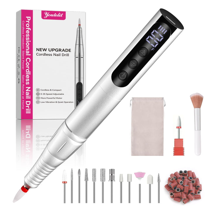 Nagelfräser Kabellos, 13 in 1 Elektrische Nagelfeile - 35000 U/Min Nagelfräser für Gelnägel, Mit LCD