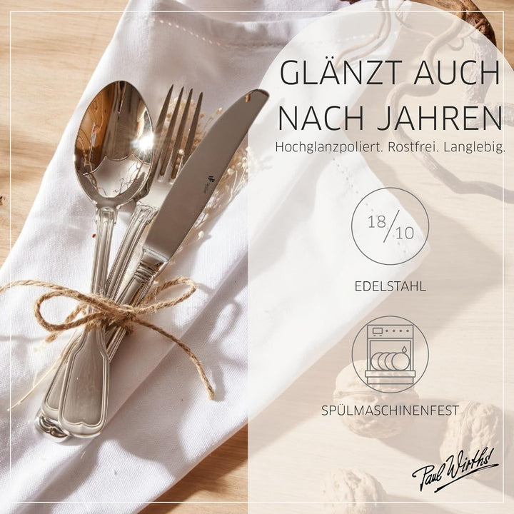 PW Paul Wirths AUGSBURGER FADEN 9800 Besteck Set für 6 Personen, Essbesteck 30 teilig, Edelstahl pol
