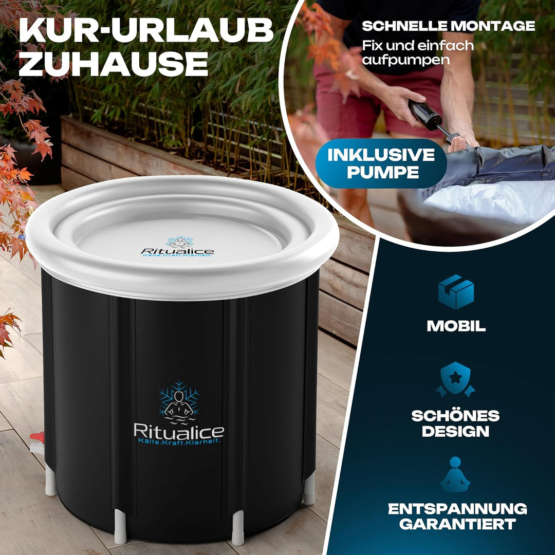 Ritualice® Eisbad (80 cm Ø) XL Komplettset - TESTSIEGER - Eistonne Set mit Deckel, Stoffbezug und XL