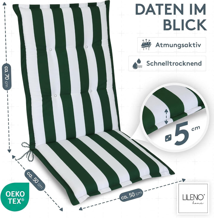 LILENO HOME Gartenstuhl Auflagen als [2er Set - Hochlehner] in Blockstreifen Grün - bequeme Liegen a