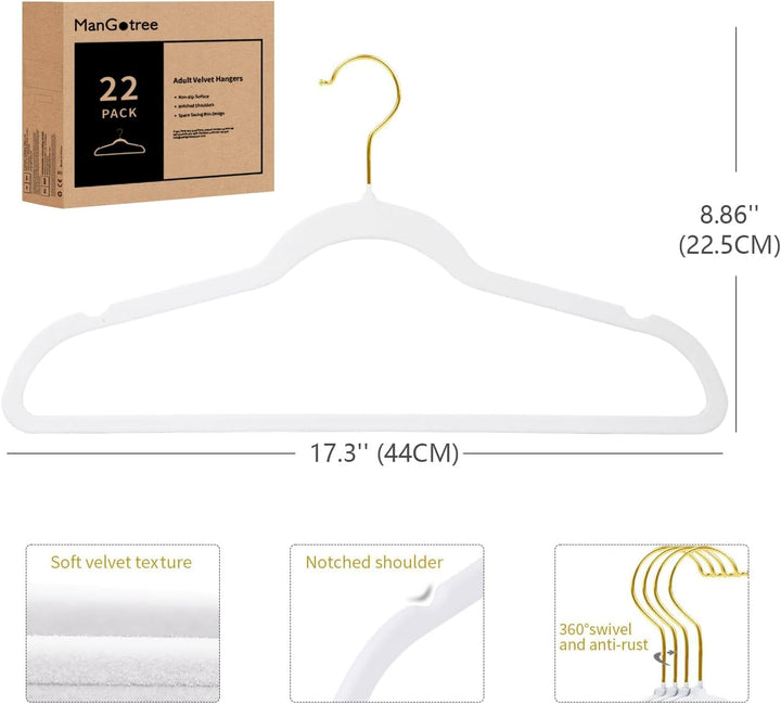 ManGotree 22 Pack Samtbügel mit 360° drehbarem Goldhaken, rutschfeste Filz-Anzugbügel, ultradünne, p