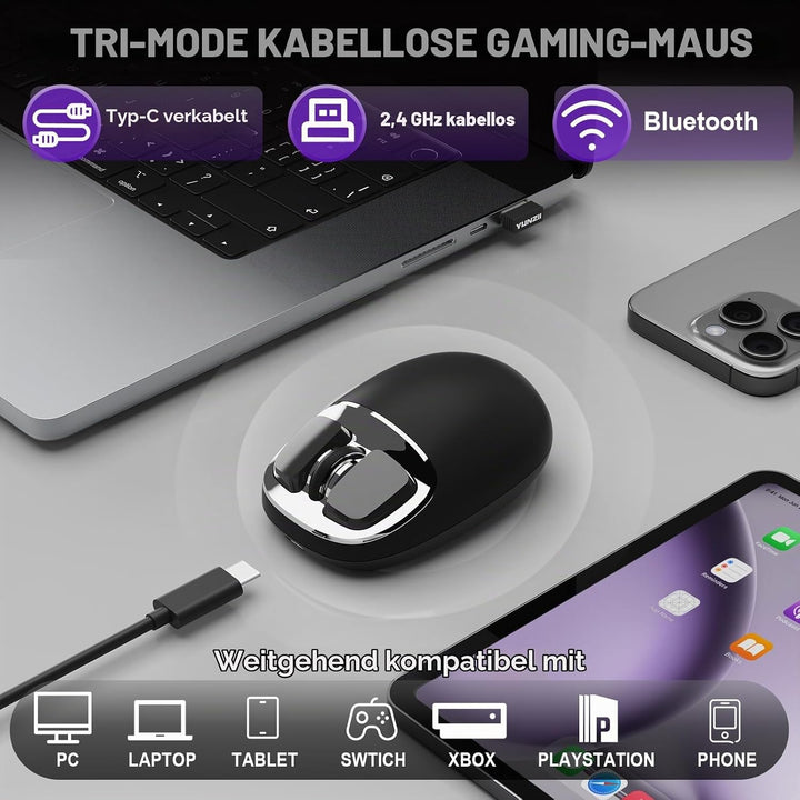 YUNZII C1 Silikon-Funkmaus,Tri-Mode 2,4 GHz/USB-C/Bluetooth Maus, 4800 DPI Optisches Abtastung, 6 Ve