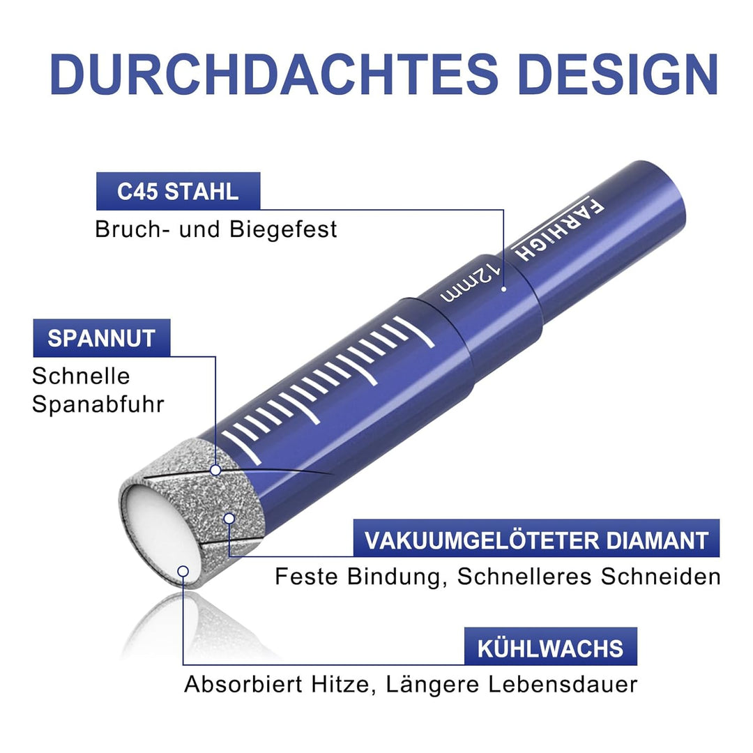 Diamantbohrer Fliesenbohrer Glasbohrer Set 6, 8, 10, 12mm & 6mm Hartmetallbohrer für Keramik,Porzell
