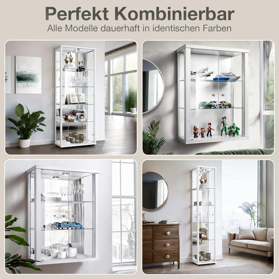 K-Möbel Hängevitrine in Weiss (80x60x25 cm) mit 2 höhenverstellbaren Glasböden, Spiegel & LED - Mode