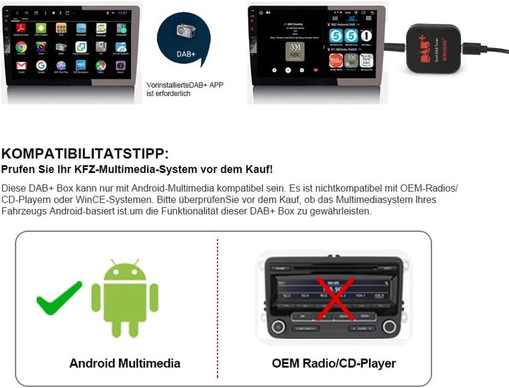 Erisin DAB Plus Radio Adapter Digital Radio Tuner Box mit MCX Antenne Verstärker DAB Antenne für And