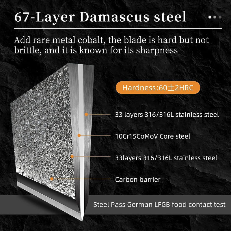 Professionelles Japanisches Damaszener Stahl Küchenmesser Set 9 Teile mit Holzblock, beinhaltet Koch