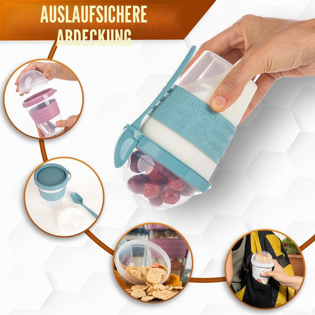 Bergmann Joghurtbecher To Go 600ml 4er Set – Müslibecher To Go mit Löffel Müsli To Go Becher mit Dec