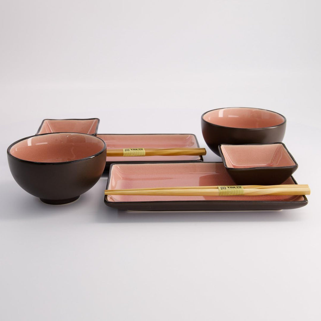 TOKYO design studio, Glassy Pink, Set mit 2 Tellern + 2 Saucen-Schalen + 2 Reis-Schalen+ 2 Paar Esss