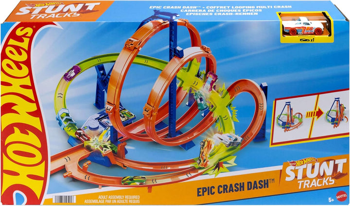 Hot Wheels Track Set, Episches Crash-Rennen mit 5 Crash-Zonen, motorisiertem Beschleuniger und 1 Aut