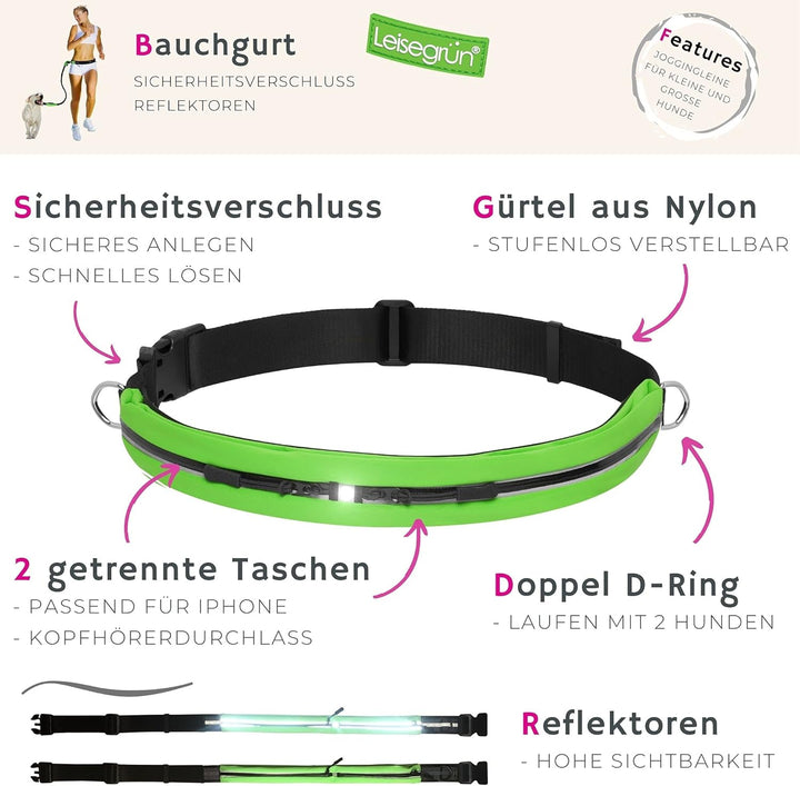 Leisegrün Joggingleine für grosse Hunde | Freihandleine zum Joggen mit Bauchgurt und Ruckdämpfer | L