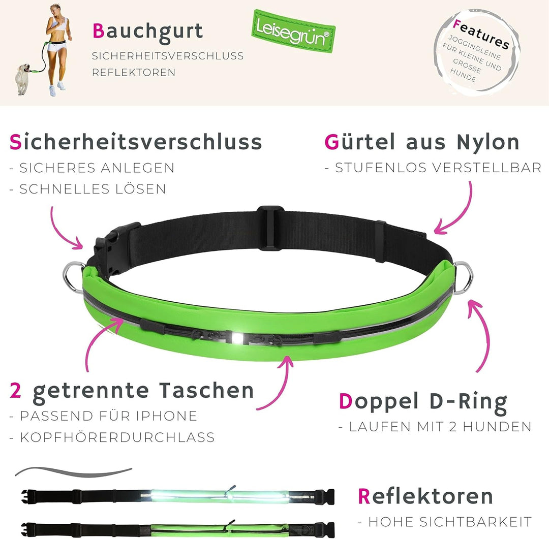 Leisegrün Joggingleine kleine Hunde bis 10 kg | Freihandleine zum Joggen mit Bauchgurt | 135 cm bis