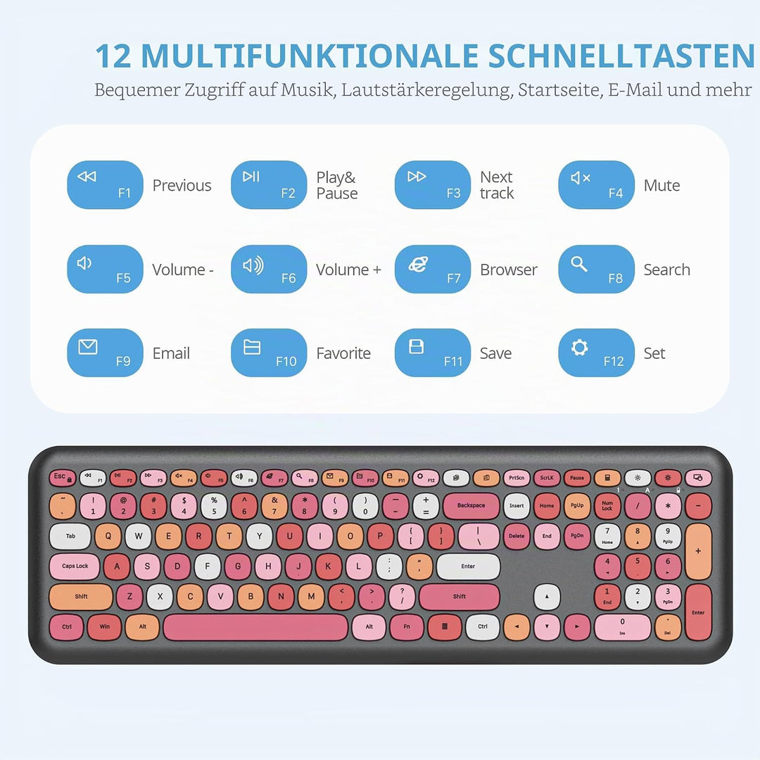 SOLIDEE Buntes kabellose Tastatur und Maus-Kombination,2.4GHz Retro Schreibmaschine Tastatur,104 Tas
