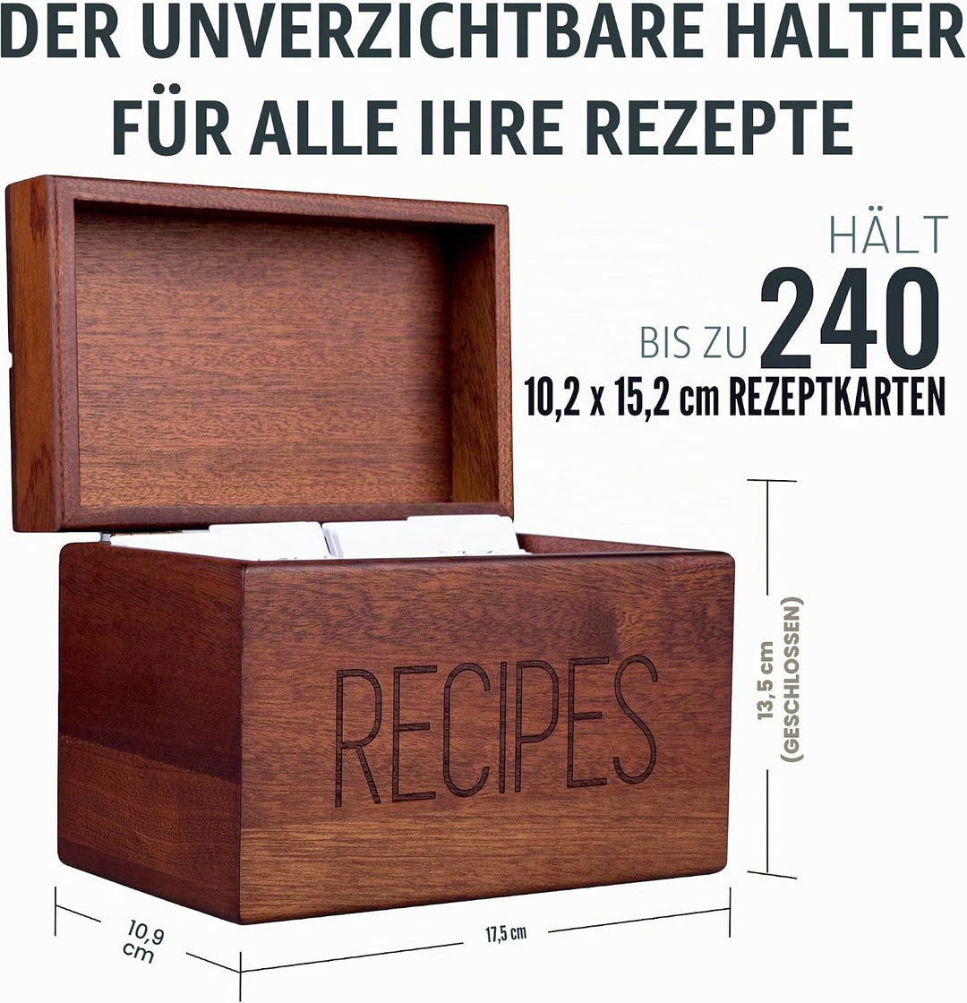 Apace Living Rezeptbox Holz mit blanko Rezeptkarten und Trennkarten – Sapeli Rezeptkiste für die Auf
