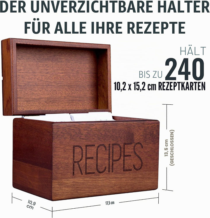 Apace Living Rezeptbox Holz mit blanko Rezeptkarten und Trennkarten – Sapeli Rezeptkiste für die Auf