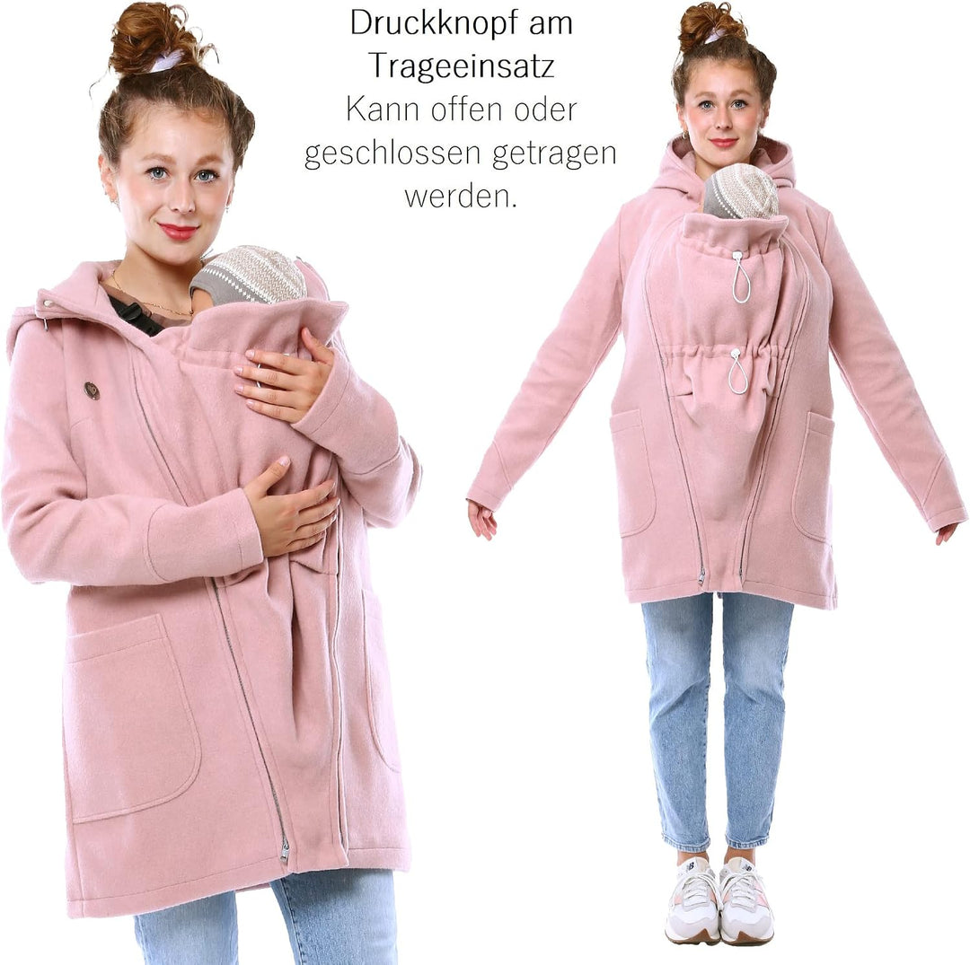 Viva la Mama - schicker Umstands- und Tragemantel für den Winter - VALENTIN XS rosa - vorn und hinte