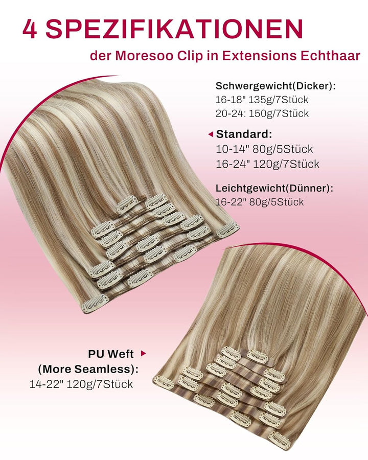 Moresoo Clip in Haarverlängerung Echthaar Clip Blond Remy Echthaar Extensions Clip in Extensions Ech