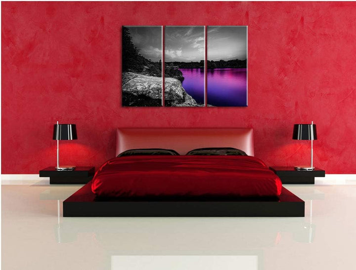 Seelandschaft in der Dämmerung schwarz/weiss 3-Teiler Leinwandbild 120x80 Bild auf Leinwand, XXL rie