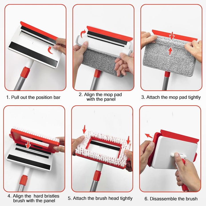 JEHONN Wischmopp Fliesenreiniger Gerät mit Langem Griff 142 cm, Wand und Fussleisten Reiniger, 4-in-