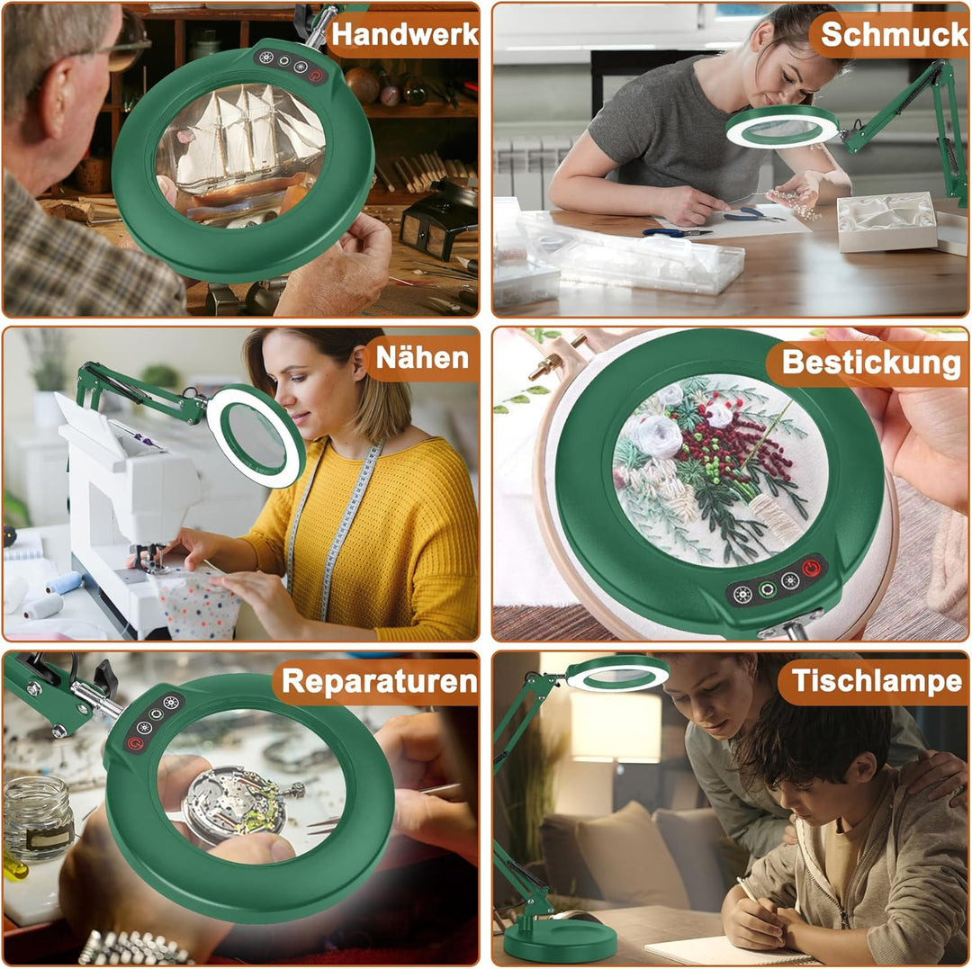 Veemagni 10X Lupe mit Licht, 5 Farbmodi Stufenlos Dimmbar 2-in-1 Schreibtischlampe und Klemme, LED B