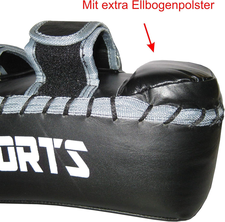 BAY Sports Leder Thai TECH 2020 Arm-Pratzen, Handpratzen, Armschlagpolster, vorgekrümmt, schwarz, Pr
