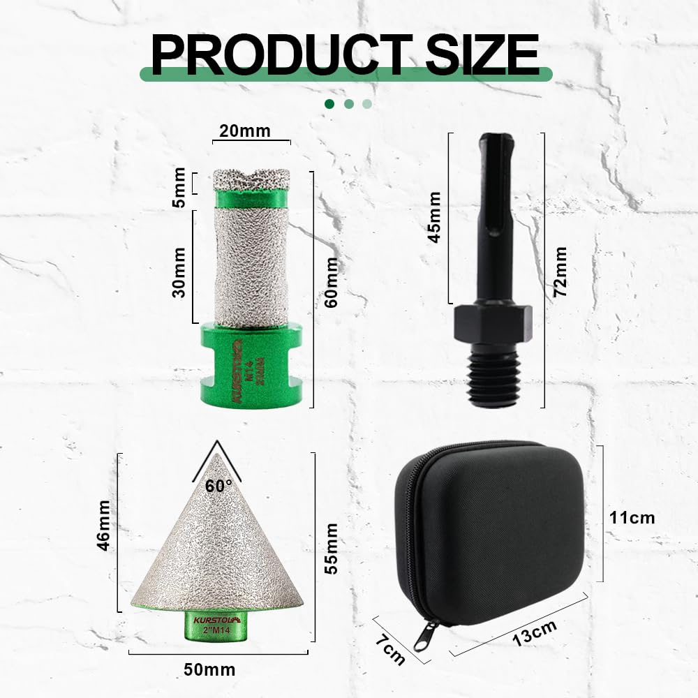 KURSTOL Diamant-Bohrkrone Kit - Diamantbohrer Dreikant Schaft 20mm+50mm Diamant Fingerfräser+SDS PLU