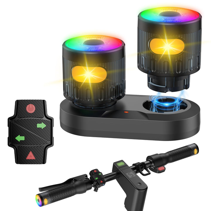 E Scooter Blinker Griff mit Farbwechsel-Lichtern, Roller Blinklicht mit magnetischer Ladestation & F