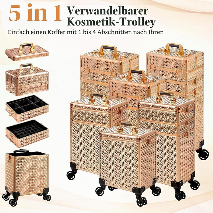 Arous 5-in-1 Profi-Kosmetikkoffer, Aluminium, mit 360° drehbaren Rädern Gold, Gold
