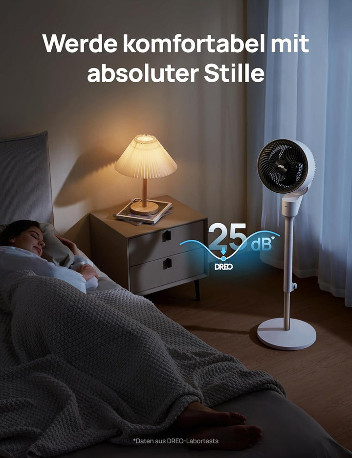 DREO Ventilator für Schlafzimmer, 80° oszillierender Standventilator, 20dB leise, 24m Reichweite, 90