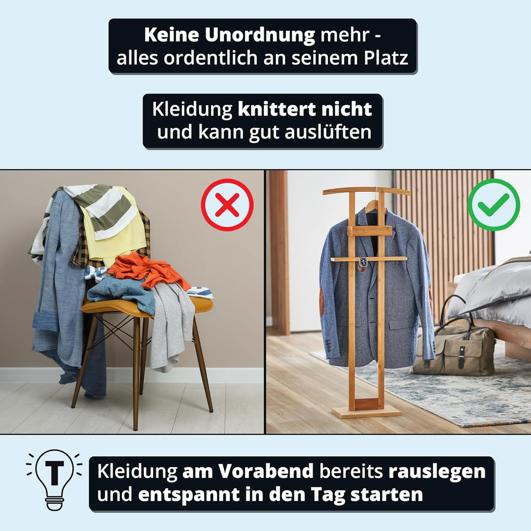 KHG Herrendiener aus Bambus Echtholz für Kleidung, Sackohalter mit Hosenbügel sowie Accessoire-Fach,